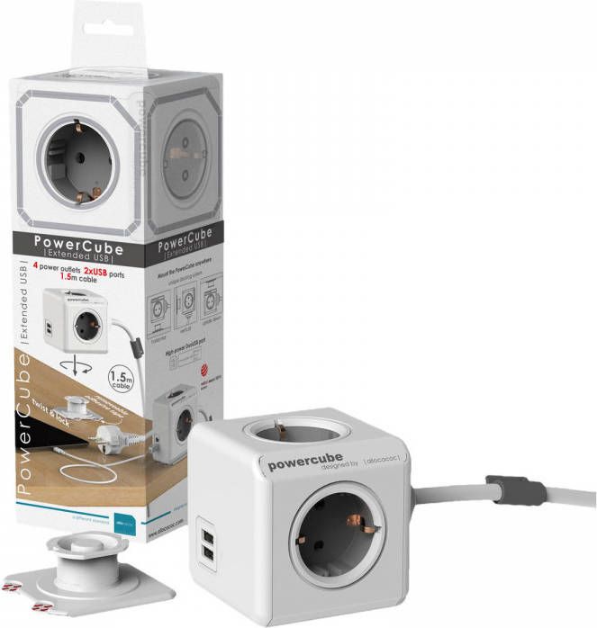 Allocacoc PowerCube Extended stekkerdoos met 4 contacten en 2x USB / grijs/wit 1,5 meter online kopen